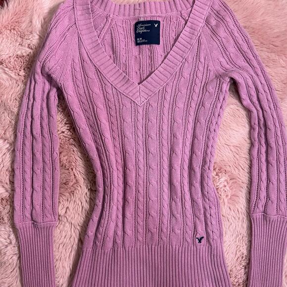 Y2k purple/pink vintage american eagle cable knit vneck sweater - Picture 4 of 8